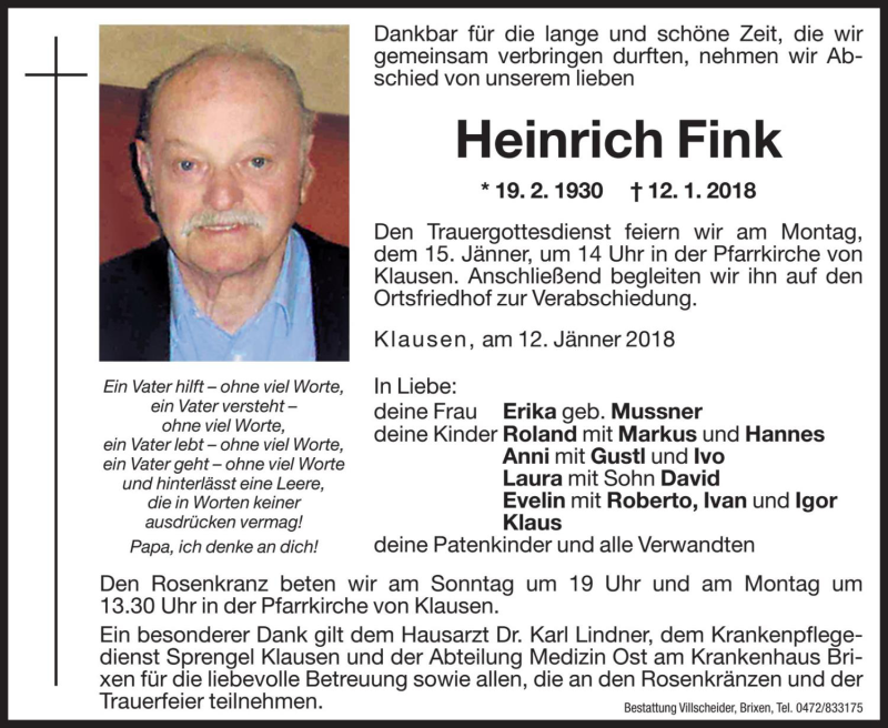  Traueranzeige für Heinrich Fink vom 13.01.2018 aus Dolomiten