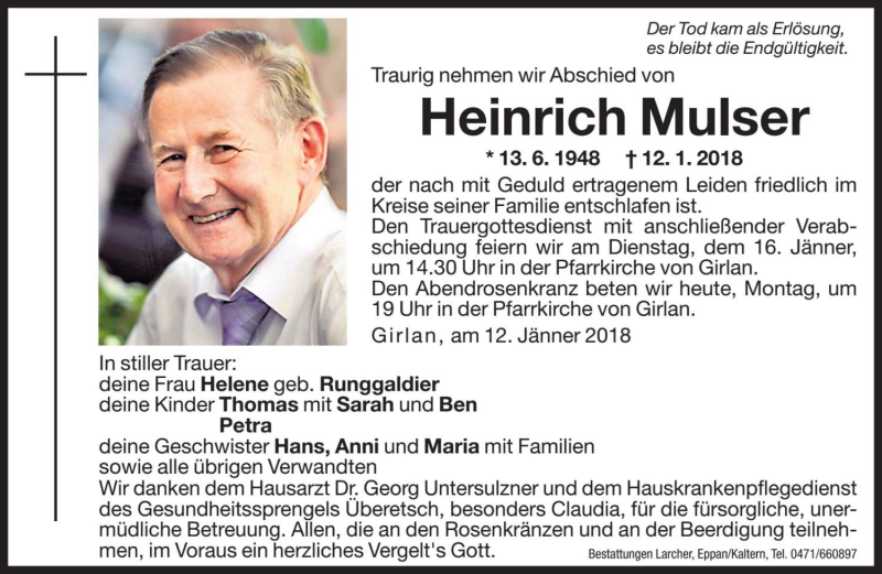  Traueranzeige für Heinrich Mulser vom 15.01.2018 aus Dolomiten