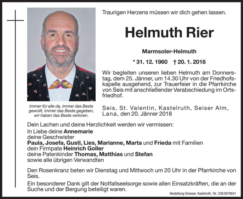  Traueranzeige für Helmuth Rier vom 23.01.2018 aus Dolomiten