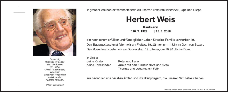  Traueranzeige für Herbert Weis  vom 17.01.2018 aus Dolomiten