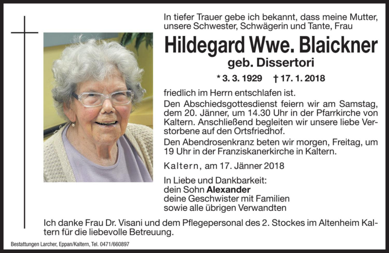  Traueranzeige für Hildegard Blaickner vom 18.01.2018 aus Dolomiten