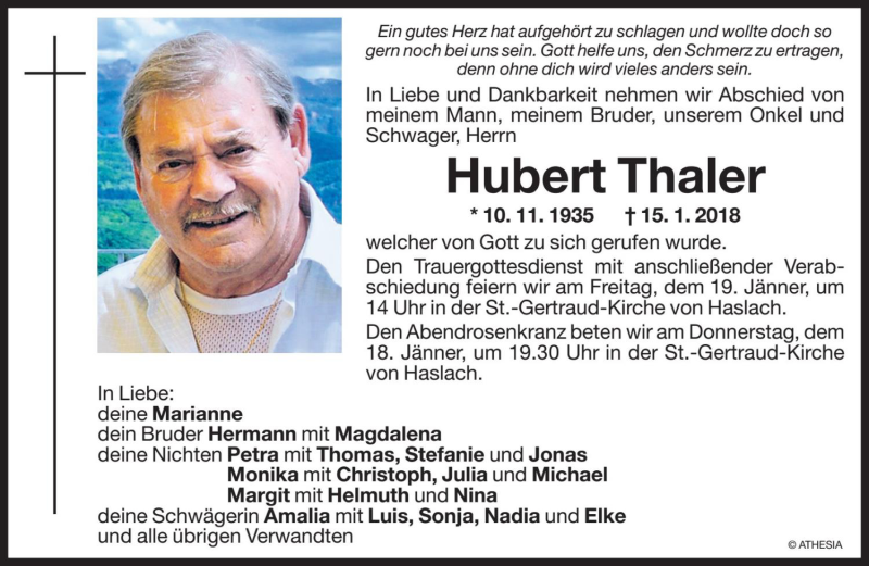  Traueranzeige für Hubert Thaler vom 17.01.2018 aus Dolomiten