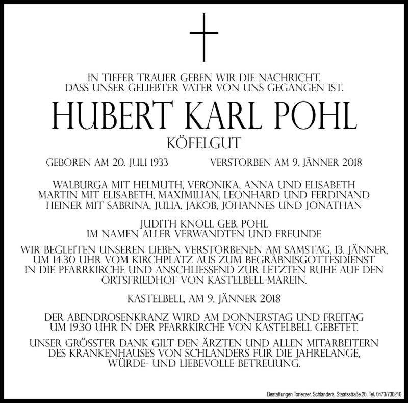  Traueranzeige für Hubert Karl Pohl vom 11.01.2018 aus Dolomiten