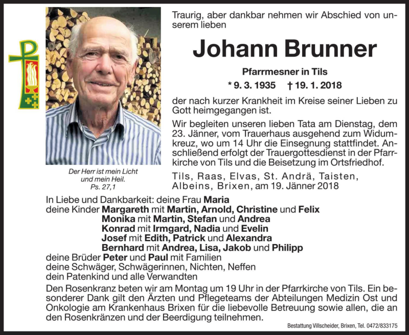  Traueranzeige für Johann Brunner vom 22.01.2018 aus Dolomiten
