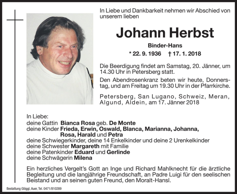  Traueranzeige für Johann Herbst vom 18.01.2018 aus Dolomiten