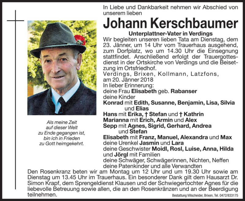  Traueranzeige für Johann Kerschbaumer vom 22.01.2018 aus Dolomiten