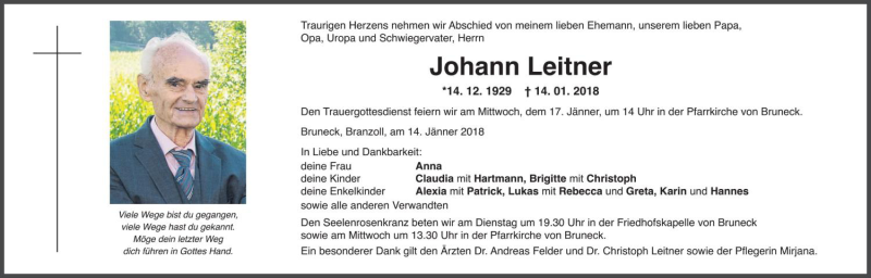  Traueranzeige für Johann Leitner vom 16.01.2018 aus Dolomiten
