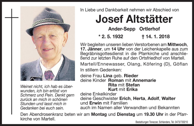  Traueranzeige für Josef Altstätter vom 15.01.2018 aus Dolomiten