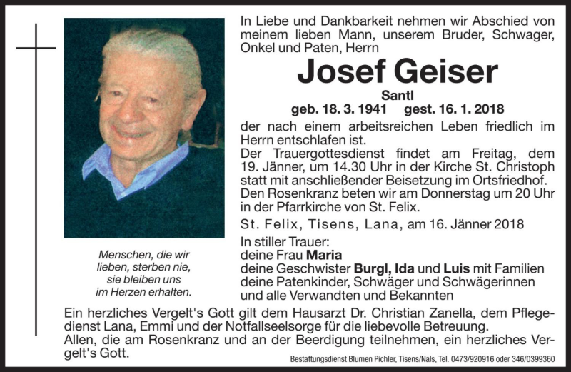  Traueranzeige für Josef Geiser vom 18.01.2018 aus Dolomiten