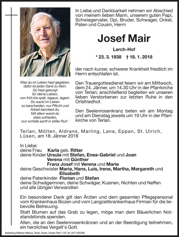  Traueranzeige für Josef Mair vom 20.01.2018 aus Dolomiten