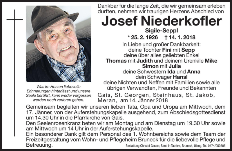  Traueranzeige für Josef Niederkofler vom 15.01.2018 aus Dolomiten