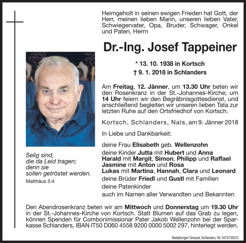 Traueranzeige für Josef Tappeiner vom 10.01.2018 aus Dolomiten