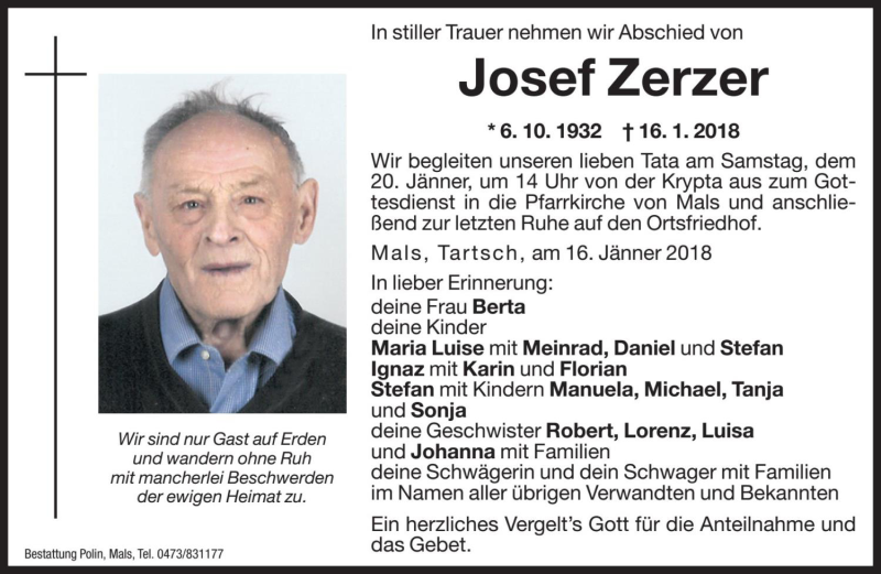  Traueranzeige für Josef Zerzer vom 19.01.2018 aus Dolomiten