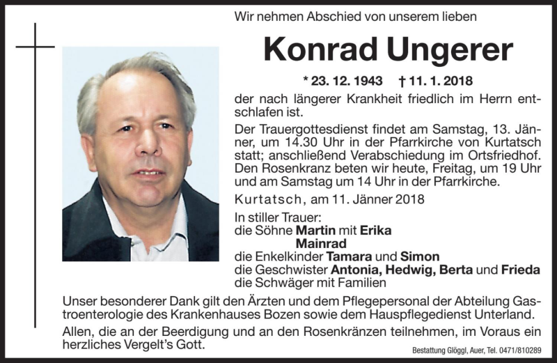  Traueranzeige für Konrad Ungerer vom 12.01.2018 aus Dolomiten