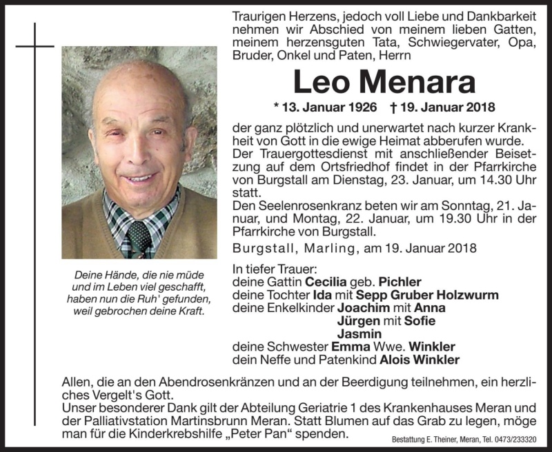  Traueranzeige für Leo Menara vom 20.01.2018 aus Dolomiten