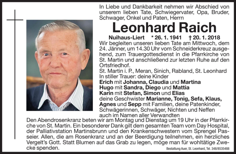  Traueranzeige für Leonhard Raich vom 22.01.2018 aus Dolomiten