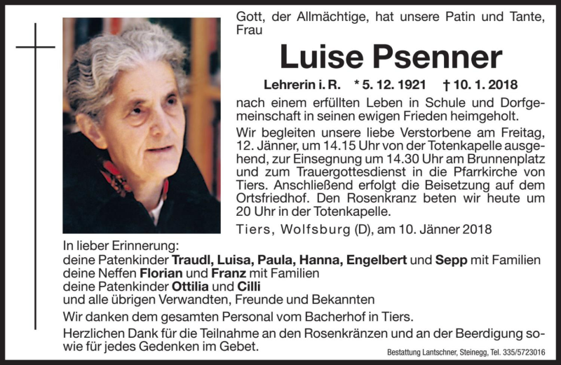  Traueranzeige für Luise Psenner vom 11.01.2018 aus Dolomiten