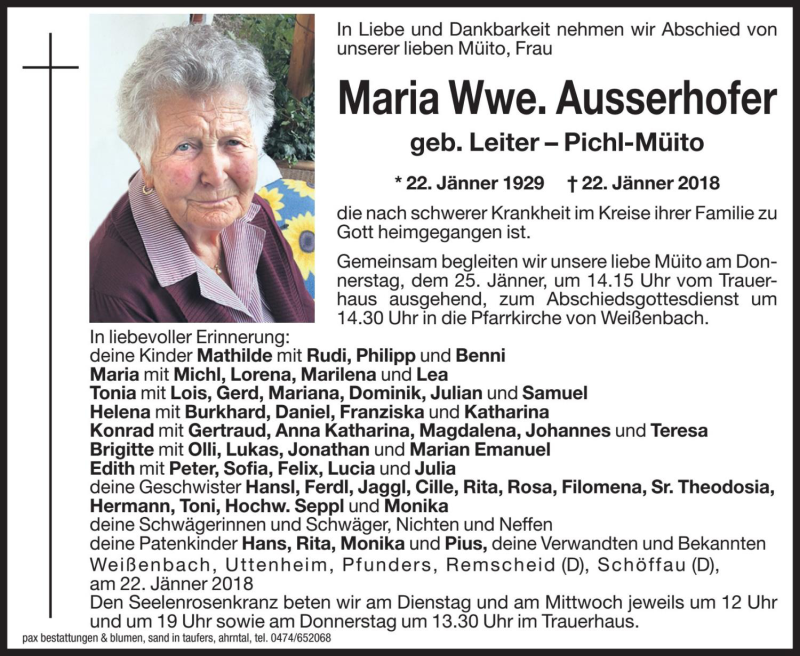 Traueranzeige für Maria Ausserhofer vom 23.01.2018 aus Dolomiten