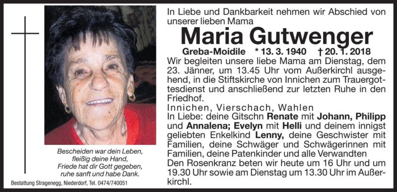  Traueranzeige für Maria Gutwenger vom 22.01.2018 aus Dolomiten
