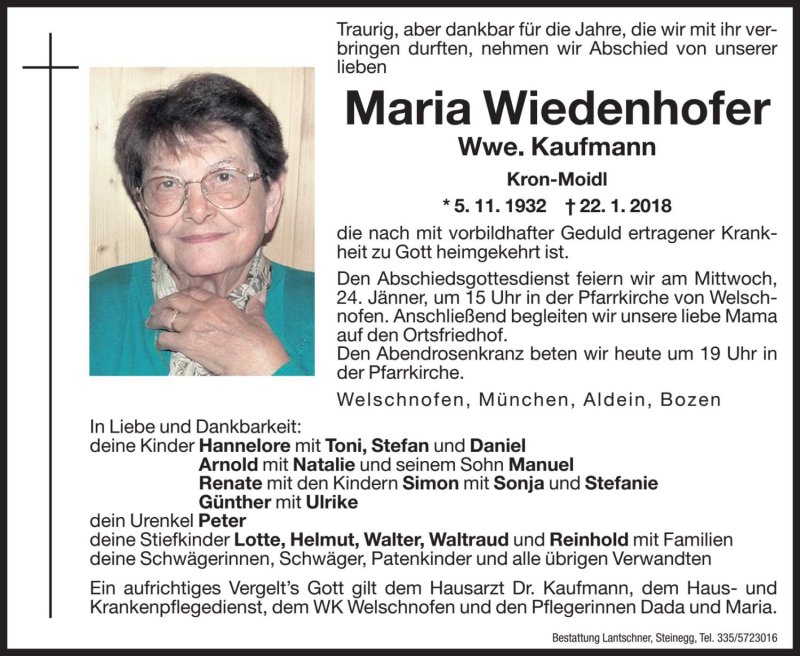  Traueranzeige für Maria Kaufmann vom 23.01.2018 aus Dolomiten