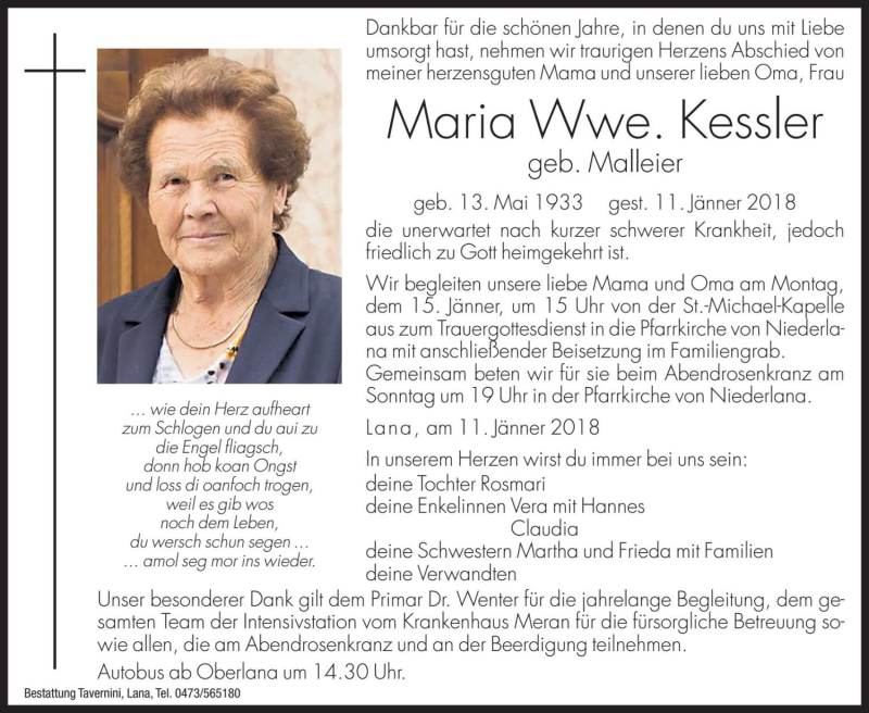  Traueranzeige für Maria Kessler vom 12.01.2018 aus Dolomiten