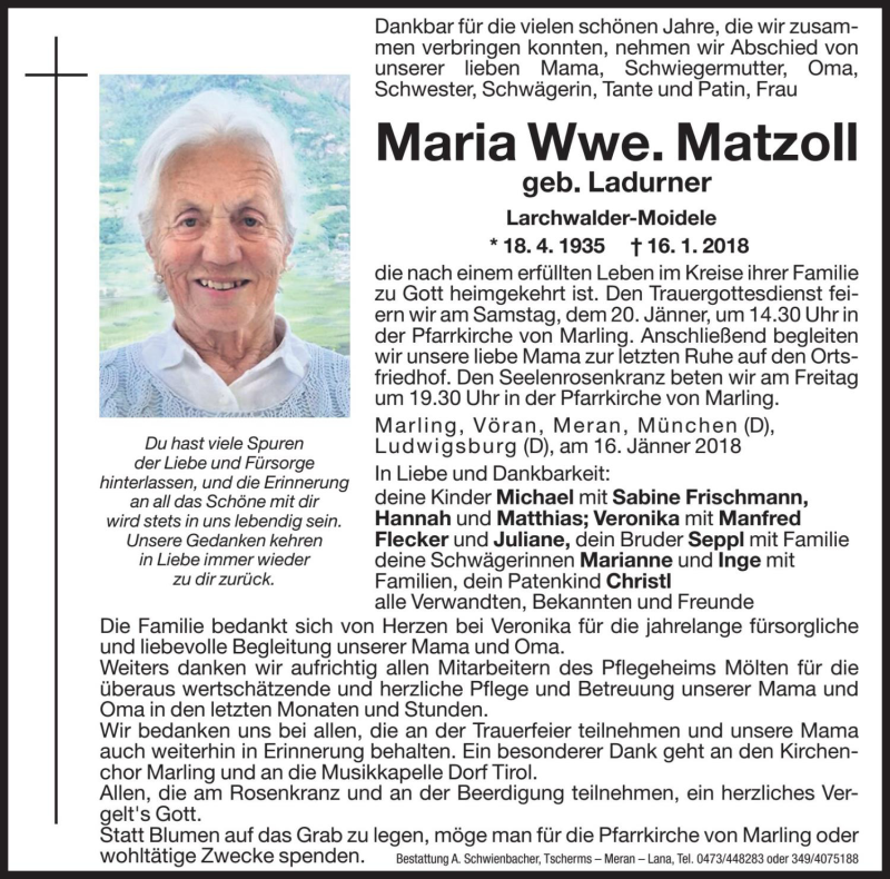  Traueranzeige für Maria Matzoll vom 18.01.2018 aus Dolomiten