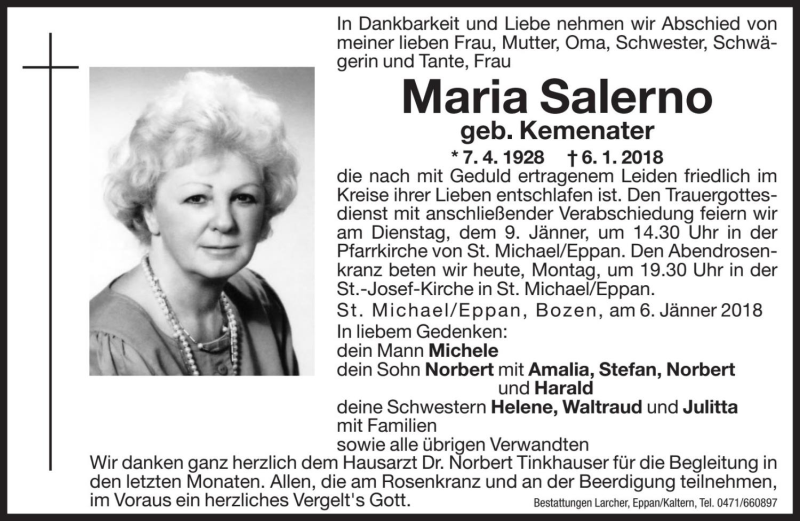  Traueranzeige für Maria Salerno vom 08.01.2018 aus Dolomiten