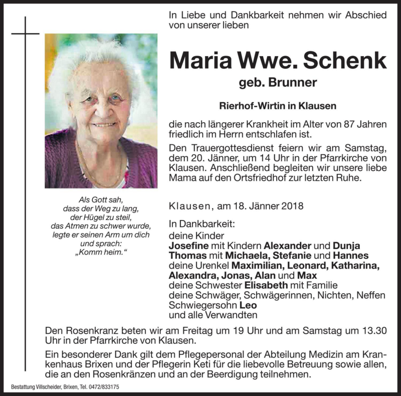  Traueranzeige für Maria Schenk vom 19.01.2018 aus Dolomiten