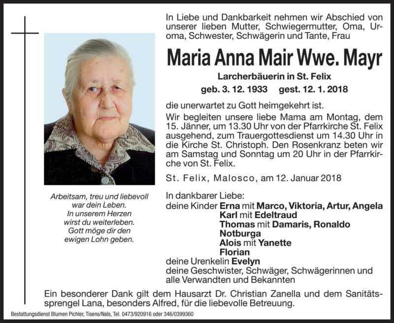  Traueranzeige für Maria Anna Mayr vom 13.01.2018 aus Dolomiten