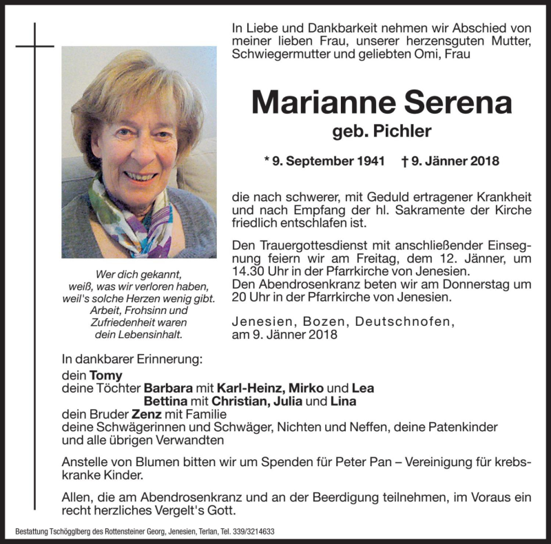  Traueranzeige für Marianne Serena vom 11.01.2018 aus Dolomiten