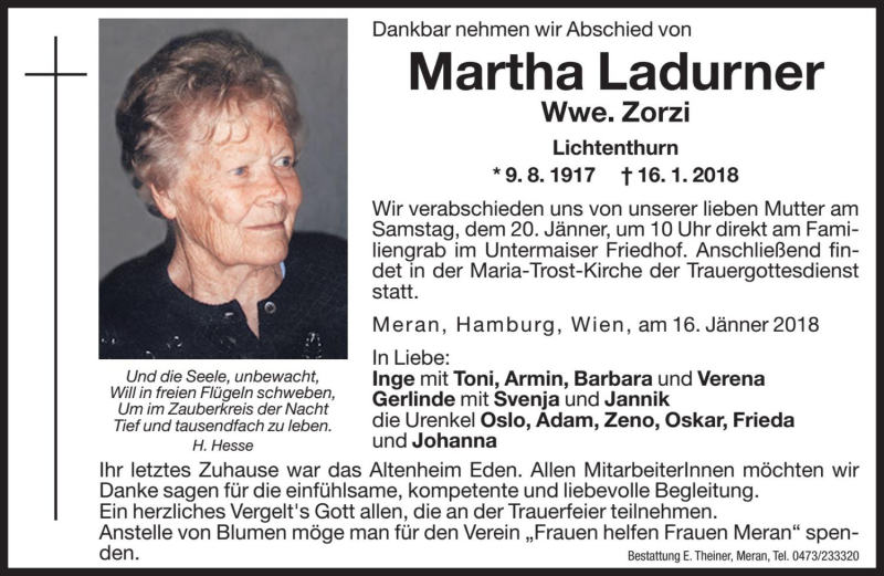  Traueranzeige für Martha Zorzi vom 18.01.2018 aus Dolomiten