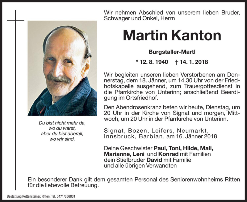  Traueranzeige für Martin Kanton vom 16.01.2018 aus Dolomiten