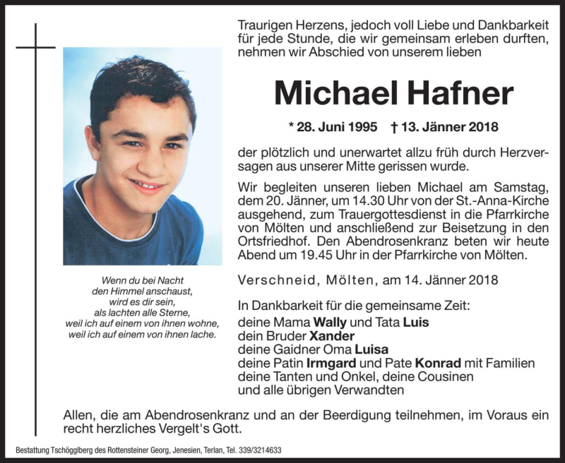  Traueranzeige für Michael Hafner vom 19.01.2018 aus Dolomiten