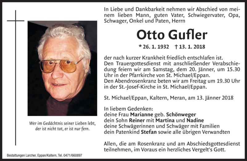  Traueranzeige für Otto Gufler vom 19.01.2018 aus Dolomiten