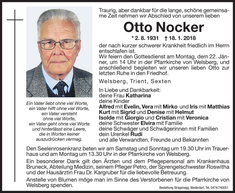  Traueranzeige für Otto Nocker vom 20.01.2018 aus Dolomiten