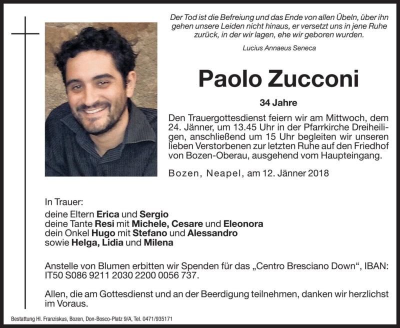  Traueranzeige für Paolo Zucconi vom 22.01.2018 aus Dolomiten