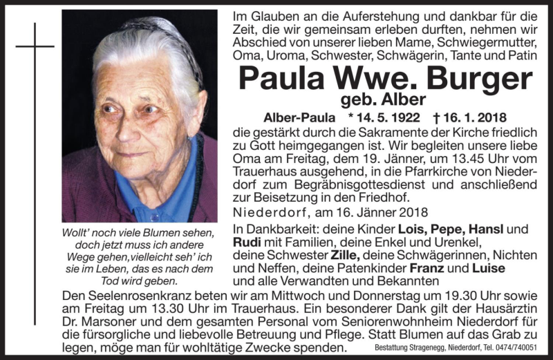  Traueranzeige für Paula Burger vom 17.01.2018 aus Dolomiten