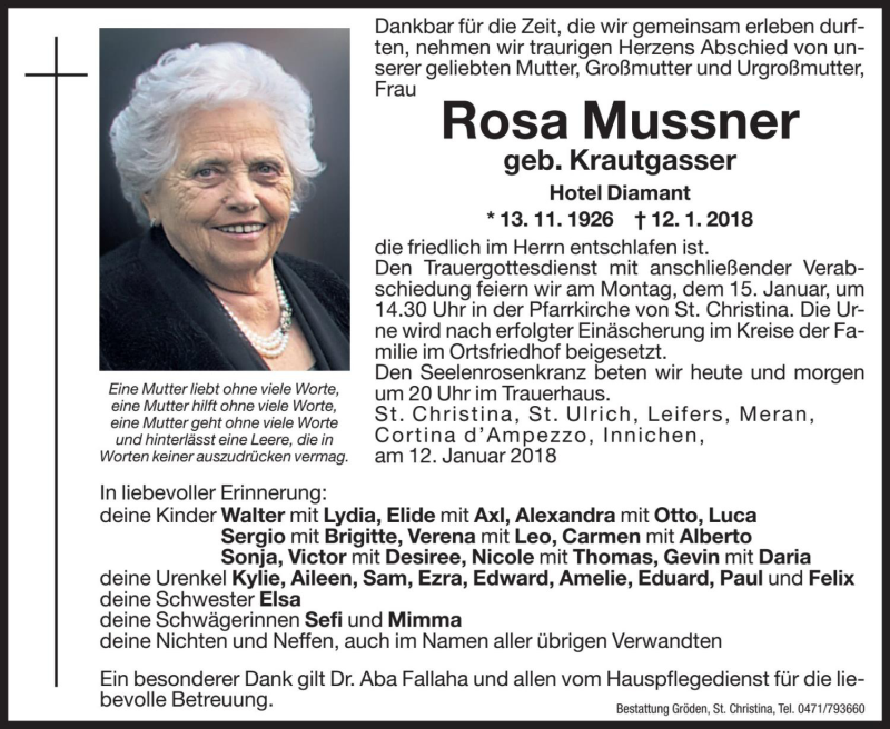  Traueranzeige für Rosa Mussner vom 13.01.2018 aus Dolomiten