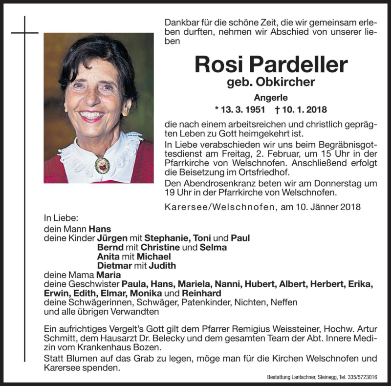  Traueranzeige für Rosi Pardeller vom 31.01.2018 aus Dolomiten