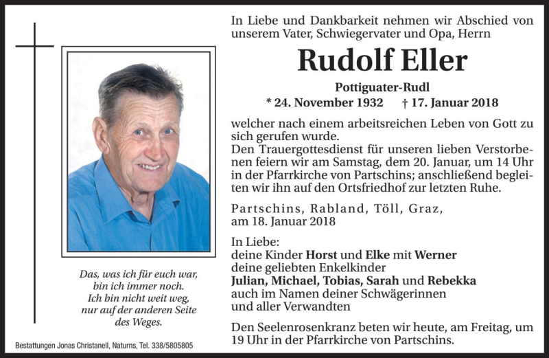  Traueranzeige für Rudolf Eller  vom 19.01.2018 aus Dolomiten