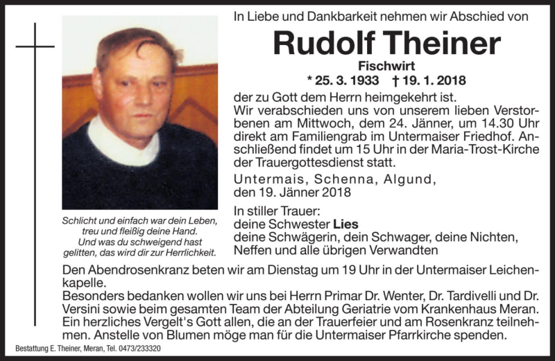  Traueranzeige für Rudolf Theiner vom 22.01.2018 aus Dolomiten