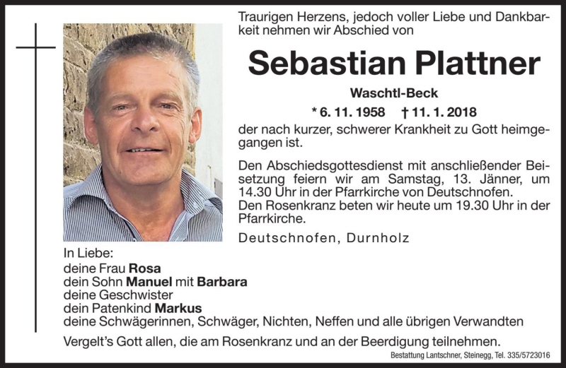  Traueranzeige für Sebastian Plattner vom 12.01.2018 aus Dolomiten
