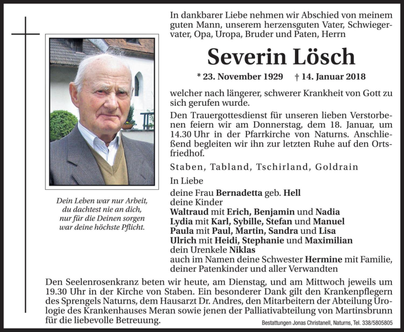  Traueranzeige für Severin Lösch vom 16.01.2018 aus Dolomiten