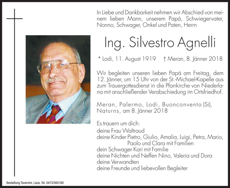  Traueranzeige für Silvestro Agnelli vom 11.01.2018 aus Dolomiten