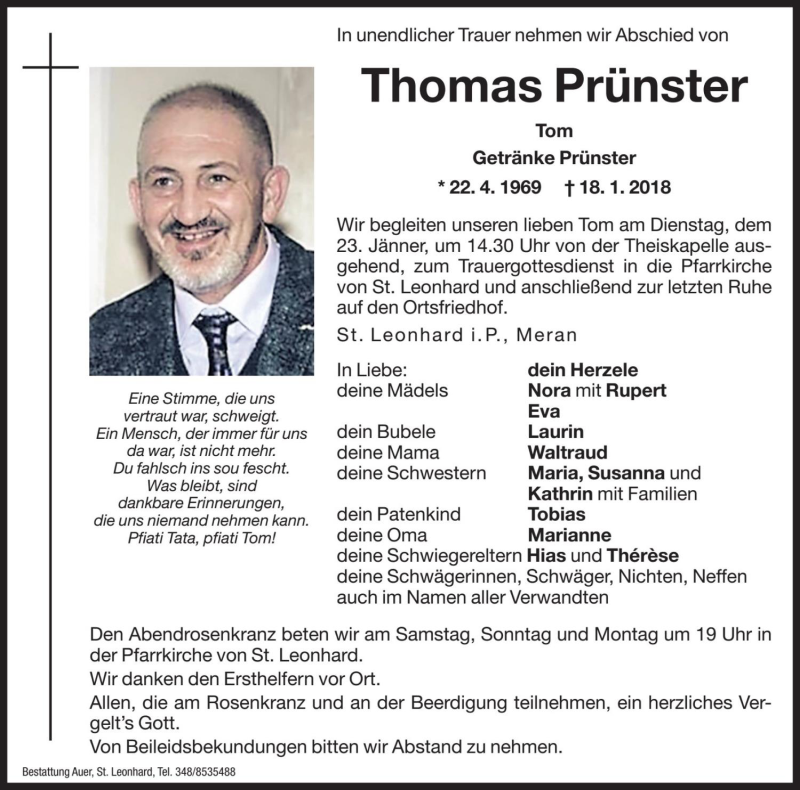  Traueranzeige für Thomas Prünster vom 20.01.2018 aus Dolomiten