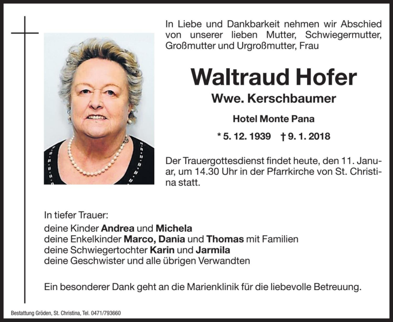  Traueranzeige für Waltraud Kerschbaumer vom 11.01.2018 aus Dolomiten