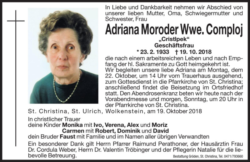 Traueranzeige für Adriana Comploj vom 20.10.2018 aus Dolomiten