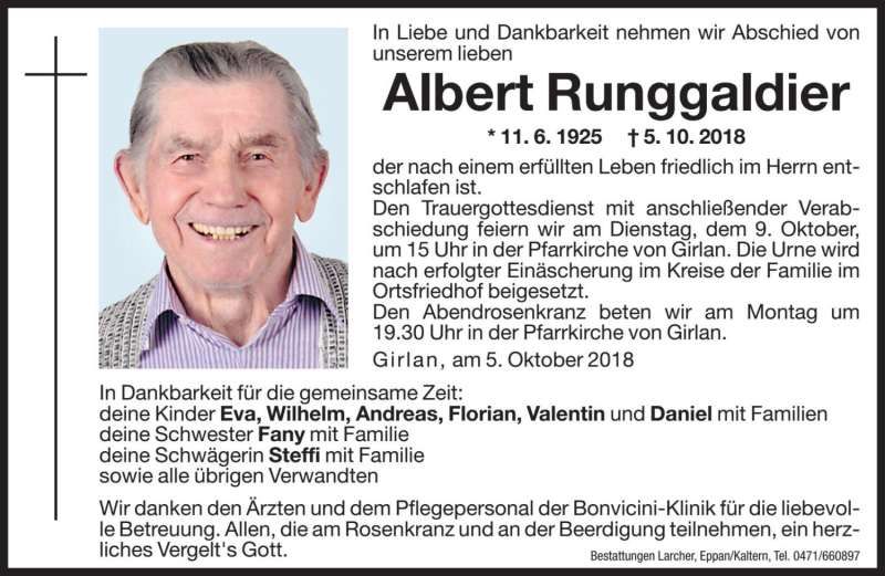  Traueranzeige für Albert Runggaldier vom 08.10.2018 aus Dolomiten