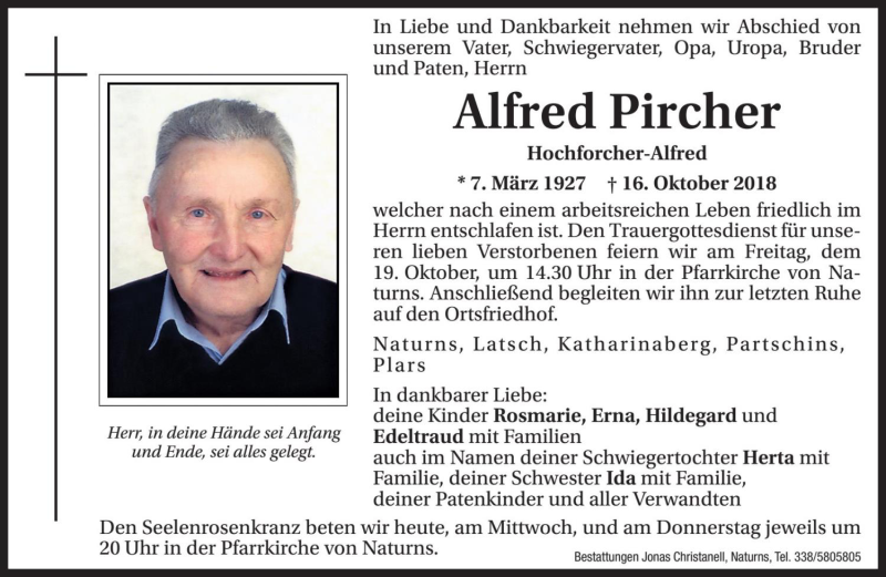 Traueranzeige für Alfred Pircher vom 17.10.2018 aus Dolomiten