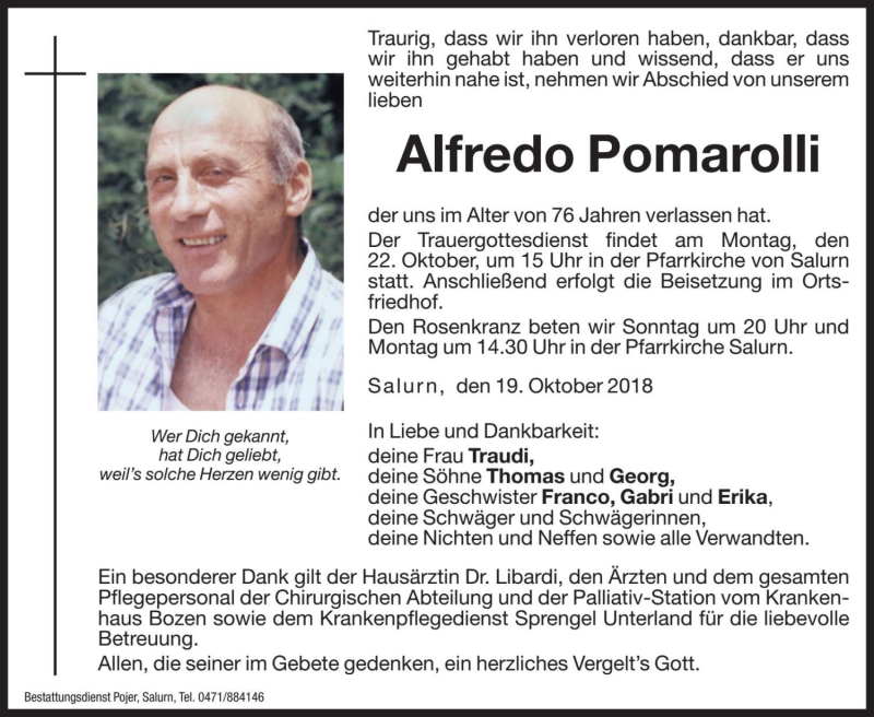  Traueranzeige für Alfredo Pomarolli vom 20.10.2018 aus Dolomiten